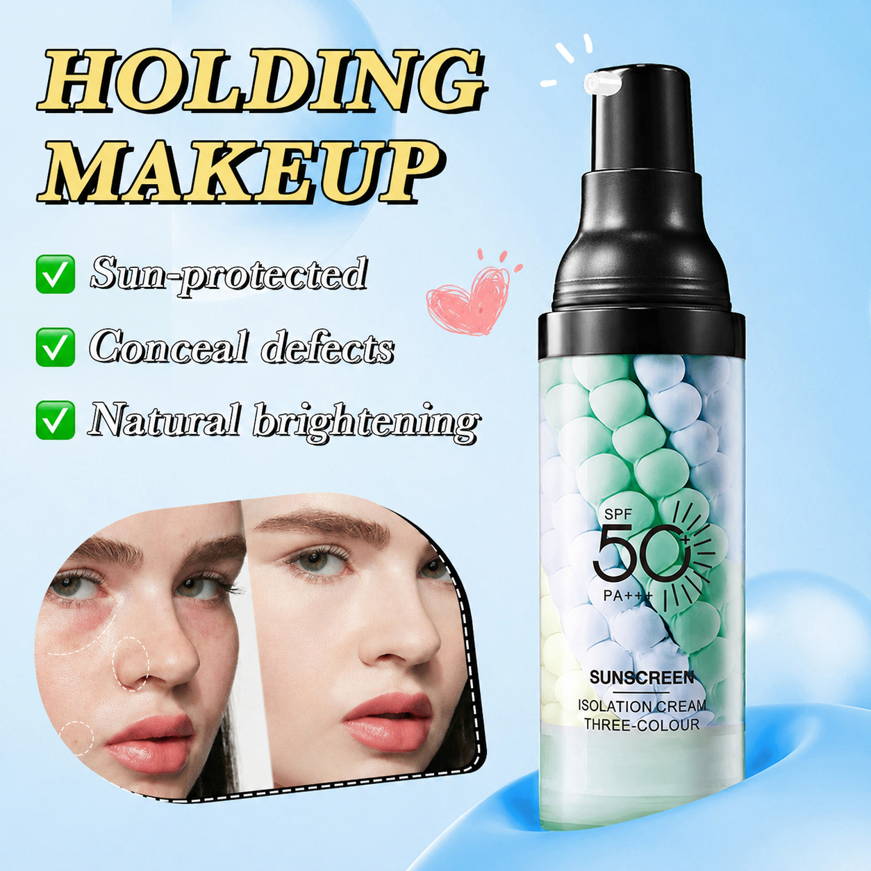 3-in-1 Sunscreen Isolation Cream,SPF 50+ PA+++ Color Corrector Face Primer, Pre-Makeup Base for Oil Control, Moisturizing & Pore-Blurring, Luminous Even Skin Tone