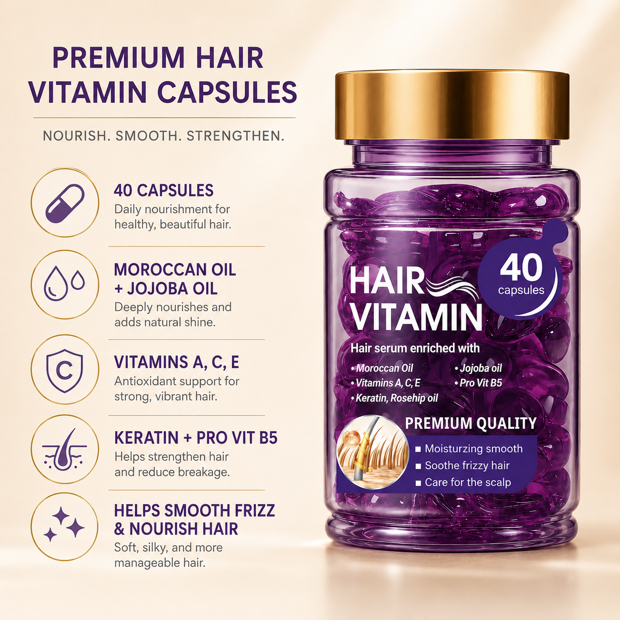 Hair Vitamin Capsules Infused with Violet Vitamins & Argan Oil for Color-Treated & Permed Hair Smooths Frizz Restores Silkiness & Shine 40 Capsules.