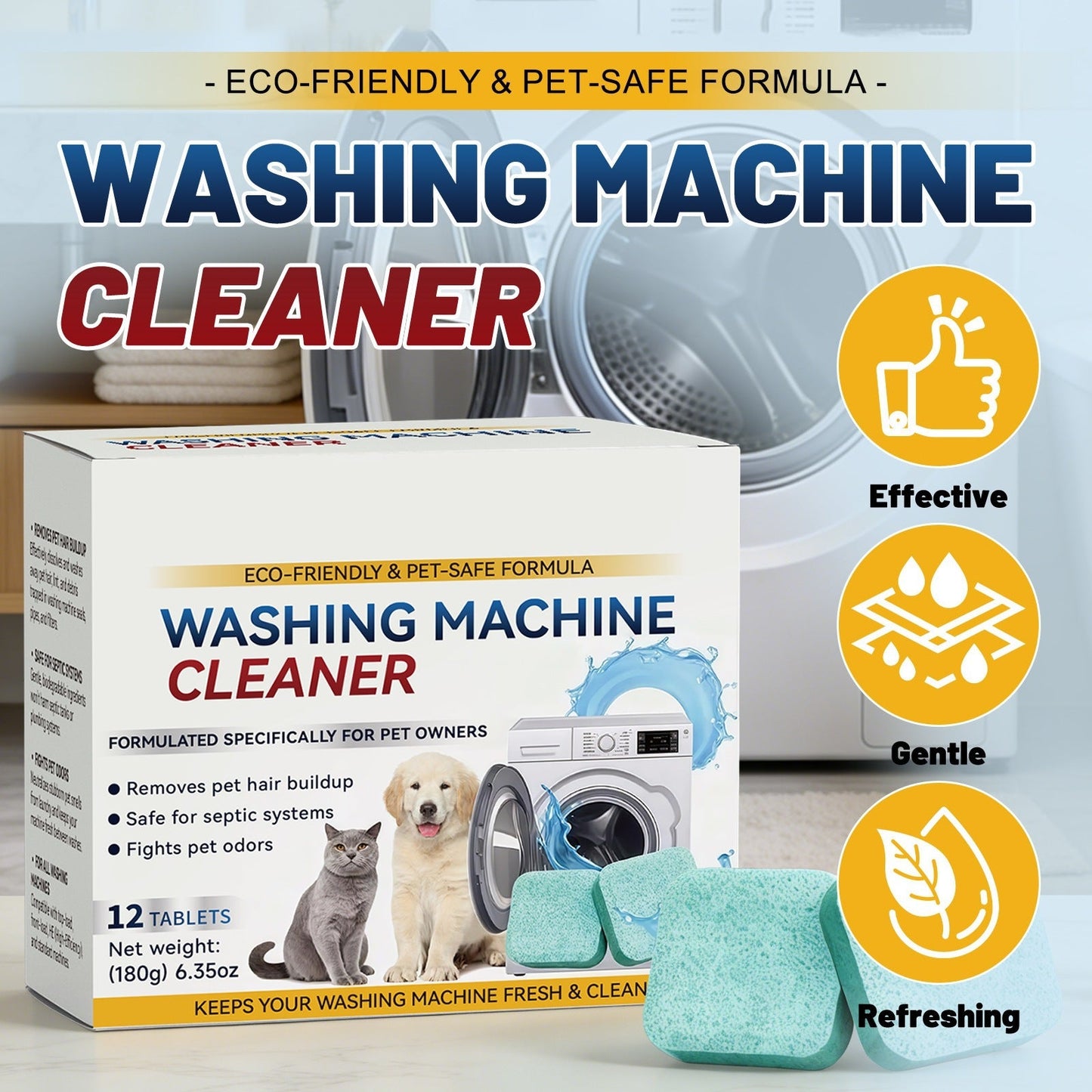 🔥Eco-Friendly Washing Machine Cleaner Tablets (12 Count) | Pet Safe Odor Neutralizer & Deep Clean Descaler for Fresh, Grime-Free Washers
